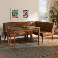 Baxton Studio BBT8051.11-TanWalnut-3PC Dining Nook Set Baxton Studio Sanford Mid-Century Modern Tan Faux Leather Upholstered and Walnut Brown Finished Wood 3-Piece Dining Nook Set